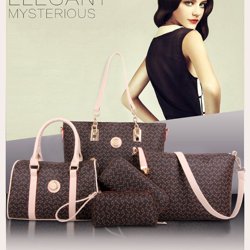 Luxury Handbag Brown  (NEW) Set of 6: Tote , Crossbody , Clutch , Wallet, Makeu…